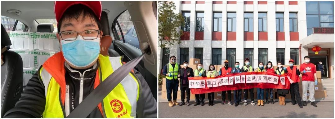 左圖:10輛轎車后座和后備箱堆滿了菜,出發送給社區;右圖:各位志愿者協助接收消毒防護物資